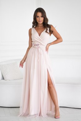 318-21 Długa Sukienka Z Paskiem Z Różyczką - beżowy