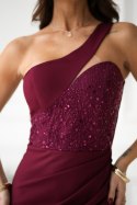 321-10 Elegancka Sukienka Z Cekinowym Dekoltem - bordowy