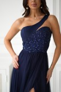 323-01 Sukienka Wieczorowa Z Cekinami I Rozcięciem - Granatowy