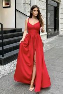 239-02 Długa Sukienka Na Ramiączkach Z Połyskiem - czerwony
