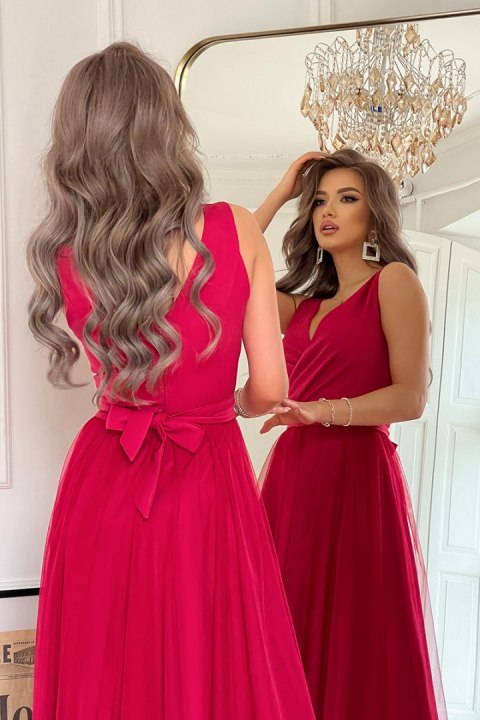 248-07 Długa Sukienka Z Rozcięciem Na Nodze - malinowy