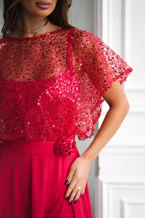 333-02 Elegancka Sukienka Na Ramiączkach Z Cekinowym Bolerkiem - czerwony