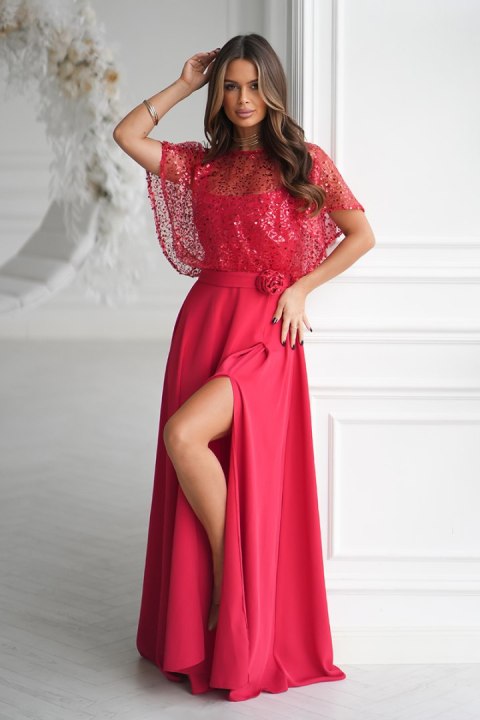 333-02 Elegancka Sukienka Na Ramiączkach Z Cekinowym Bolerkiem - czerwony