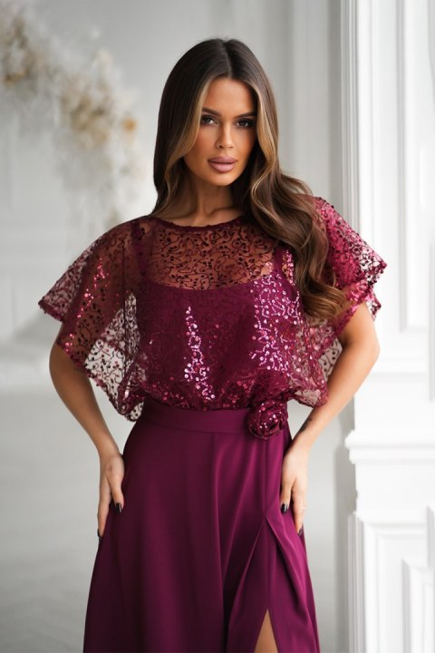 333-10 Elegancka Sukienka Na Ramiączkach Z Cekinowym Bolerkiem - bordowy