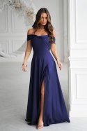 336-01 Długa Suknia Wieczorowa Z Metalicznym Połyskiem - Granatowy