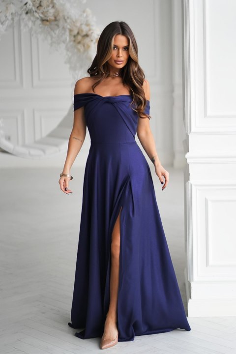 336-01 Długa Suknia Wieczorowa Z Metalicznym Połyskiem - Granatowy