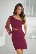 311-10 Krótka Sukienka Cekinowa Na Jedno Ramię - bordowy