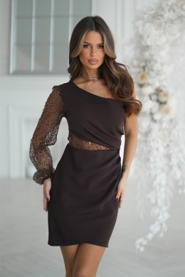 311-61 Krótka Sukienka Cekinowa Na Jedno Ramię - czekoladowy