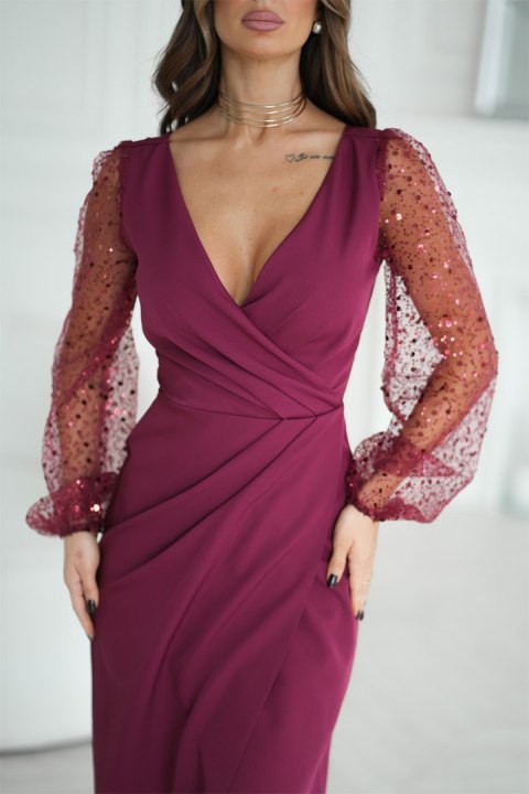 314-10 Sukienka Z Dwoma Cekinowymi Rękawami - bordowy