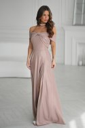 336-22 Długa Suknia Wieczorowa Z Metalicznym Połyskiem - CAMEL