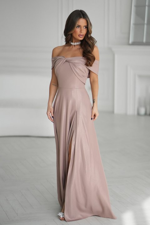 336-22 Długa Suknia Wieczorowa Z Metalicznym Połyskiem - CAMEL