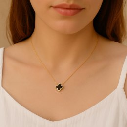 Naszyjnik stal szlachetna pozłacana 14k złotem, czarna koniczynka NST2205