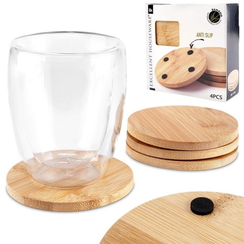 Podstawki podkładki pod kubek kubki drewniane 9.7cm 4 sztuki EXCELLENT HOUSEWARE 139314-O