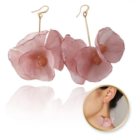 Kolczyki wiszące, efektowne tiulowe z koralikami pudrowy róż K1702