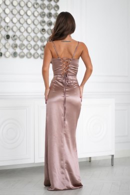 339-22 Satynowa Sukienka Maxi Z Gorsetowym Sznurowaniem - CAMEL