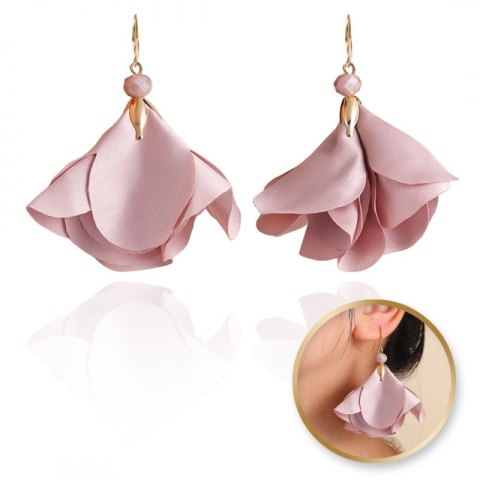 Kolczyki wiszące, efektowne materiałowe kwiaty, koraliki K1703