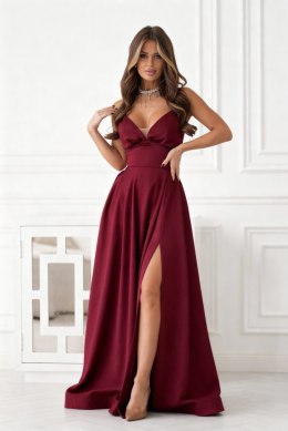341-10 Długa Suknia Wieczorowa z Gorsetowym Sznurowaniem - bordowy