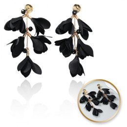 Kolczyki wiszące, efektowne tiulowe kwiat, czarne K1706