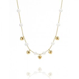 Naszyjnik Długi stal szlachetna pozłacana 14k złotem, perełki i serduszka NST2235