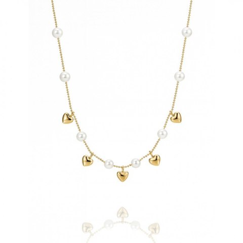 Naszyjnik Długi stal szlachetna pozłacana 14k złotem, perełki i serduszka NST2235