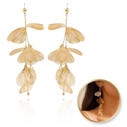 Kolczyki wiszące tiulowe złote efektowne kwiaty 5x12cm K1678