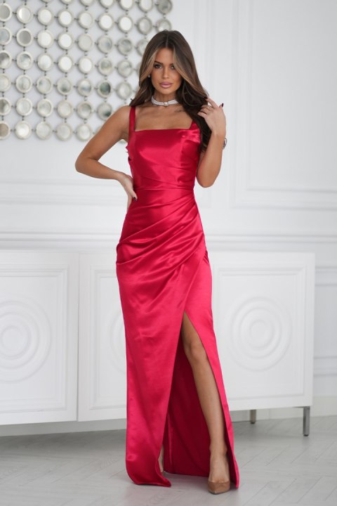 339-02 Długa Suknia z Gorsetowym Sznurowaniem i Dekoltem Caro - czerwony