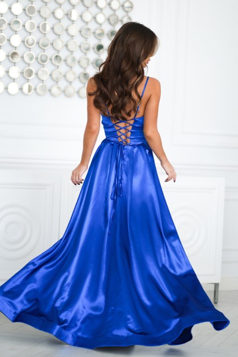 334-05 Połyskująca Suknia Wieczorowa z Gorsetowym Sznurowaniem - chabrowy