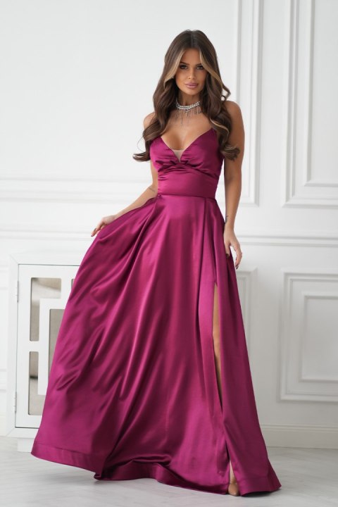 334-10 Połyskująca Suknia Wieczorowa z Gorsetowym Sznurowaniem - bordowy