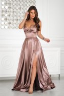 334-22 Połyskująca Suknia Wieczorowa z Gorsetowym Sznurowaniem - CAMEL