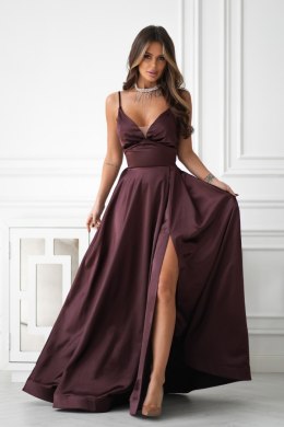 334-61 Połyskująca Suknia Wieczorowa z Gorsetowym Sznurowaniem - czekoladowy