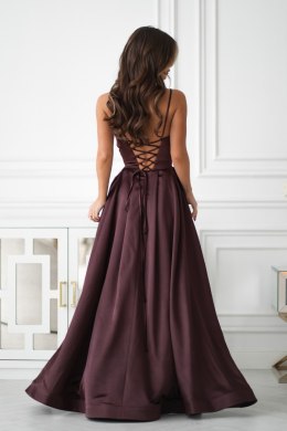 334-61 Połyskująca Suknia Wieczorowa z Gorsetowym Sznurowaniem - czekoladowy