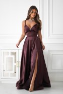 334-61 Połyskująca Suknia Wieczorowa z Gorsetowym Sznurowaniem - czekoladowy