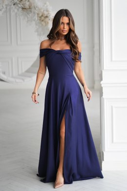 336-01 Długa Suknia Wieczorowa Z Metalicznym Połyskiem - Granatowy