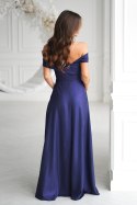 336-01 Długa Suknia Wieczorowa Z Metalicznym Połyskiem - Granatowy