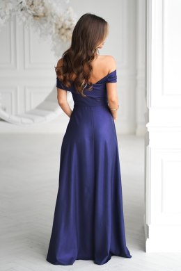 336-01 Długa Suknia Wieczorowa Z Metalicznym Połyskiem - Granatowy