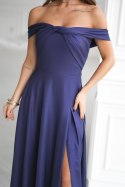 336-01 Długa Suknia Wieczorowa Z Metalicznym Połyskiem - Granatowy