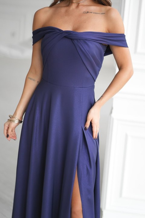 336-01 Długa Suknia Wieczorowa Z Metalicznym Połyskiem - Granatowy