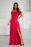 336-02 Długa Suknia Wieczorowa Z Metalicznym Połyskiem - czerwony
