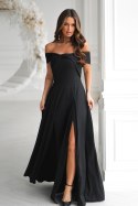 336-06 Długa Suknia Wieczorowa Z Metalicznym Połyskiem - czarny