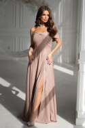 336-22 Długa Suknia Wieczorowa Z Metalicznym Połyskiem - CAMEL