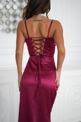 339-10 Długa Suknia z Gorsetowym Sznurowaniem i Dekoltem Caro - bordowy