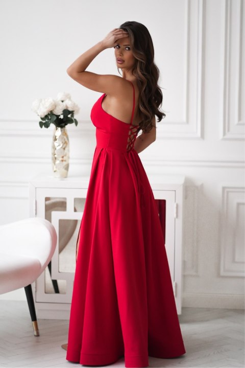 341-02 Długa Suknia Wieczorowa z Gorsetowym Sznurowaniem - czerwony