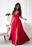 341-02 Długa Suknia Wieczorowa z Gorsetowym Sznurowaniem - czerwony