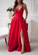 341-02 Długa Suknia Wieczorowa z Gorsetowym Sznurowaniem - czerwony