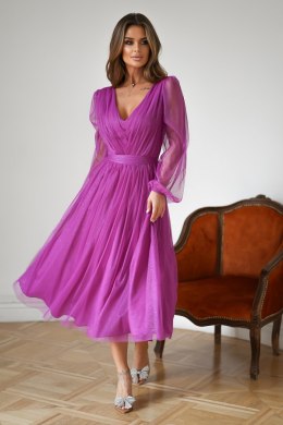 269-51-01 Sukienka Midi Z Brokatową Siatką - fioletowy