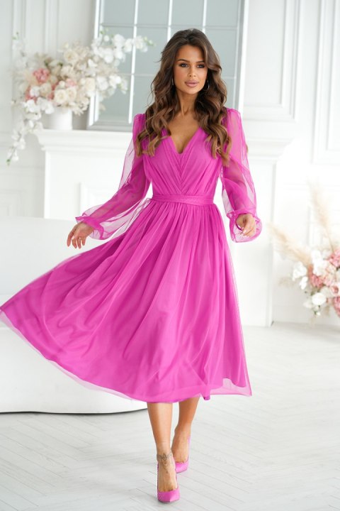 269-51 Sukienka Midi Z Brokatową Siatką - fioletowy