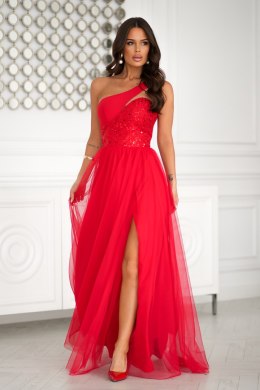 323-02 Sukienka Wieczorowa Z Cekinami I Rozcięciem - czerwony