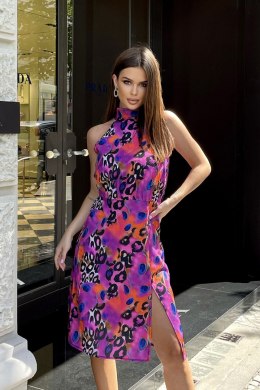 261-07 Sukienka Z Wiązaniem Na Szyi - wielokolorowy