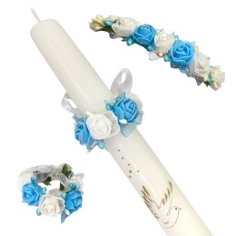 OZDOBA NA ŚWIECE DO CHRZTU PROFITKA DEKORACJA ŚWIECY Z KWIATUSZKÓW