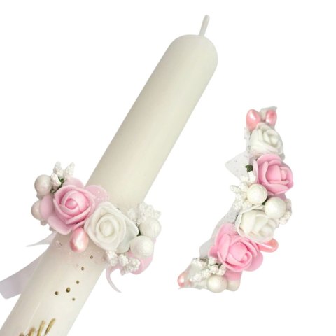 OZDOBA NA ŚWIECE DO CHRZTU PROFITKA DEKORACJA ŚWIECY Z KWIATUSZKÓW